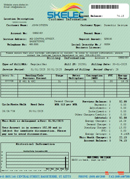St. Kitts Electricity Company (SKELEC) utility bill editable template in PDF and Word formats